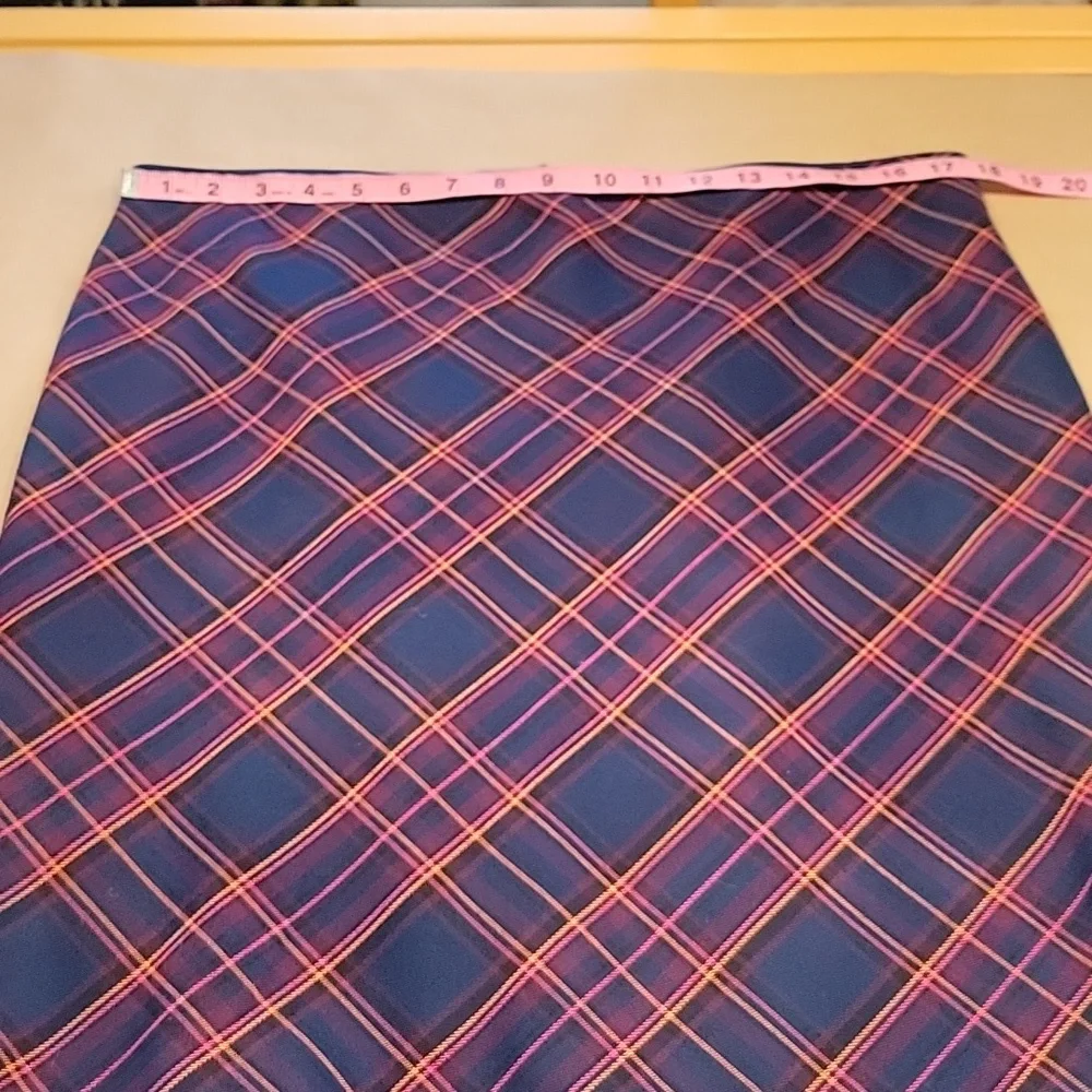 Trina Turk Size 12 Crissy Tartan Plaid Pencil Skirt Navy Blue, Pink & Orange
